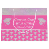 卒業ピンクオパールパターントレンディーおめでとう ラージペーパーバッグ (正面)