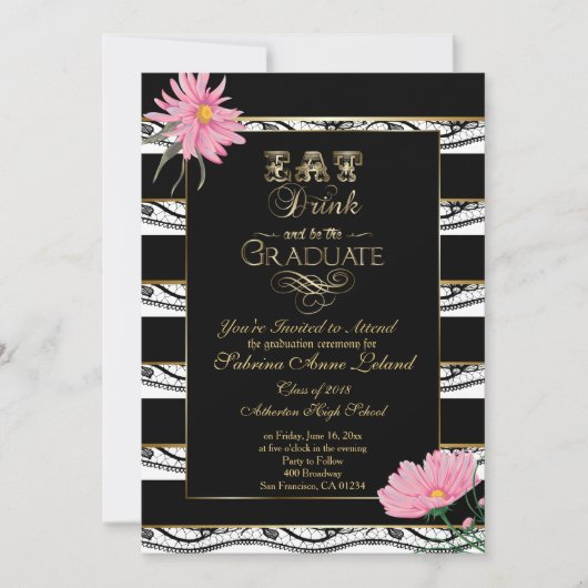 卒業ピンクデイジーブラックレースホワイトストライプズ 招待状 (正面)