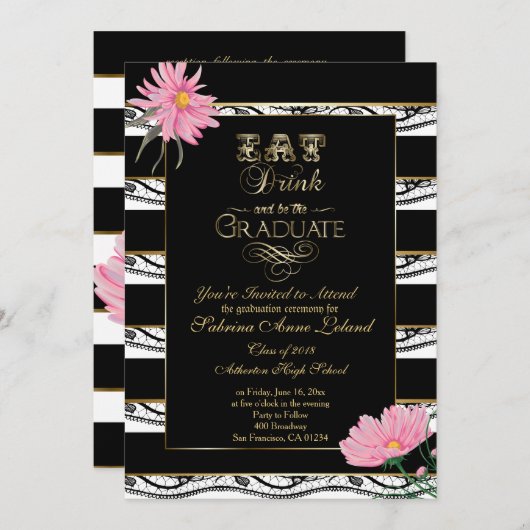 卒業ピンクデイジーブラックレースホワイトストライプズ 招待状 (正面/裏面)