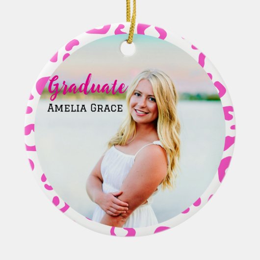 卒業ピンクヒョウのマイルストーンオーナメント セラミックオーナメント (正面)