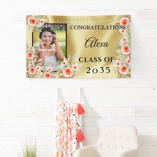 卒業ピーチピンクの花金ゴールドサテンダイヤモンド 横断幕 (インサイチュ)