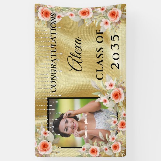卒業ピーチピンクの花金ゴールドサテンダイヤモンド 横断幕 (縦)