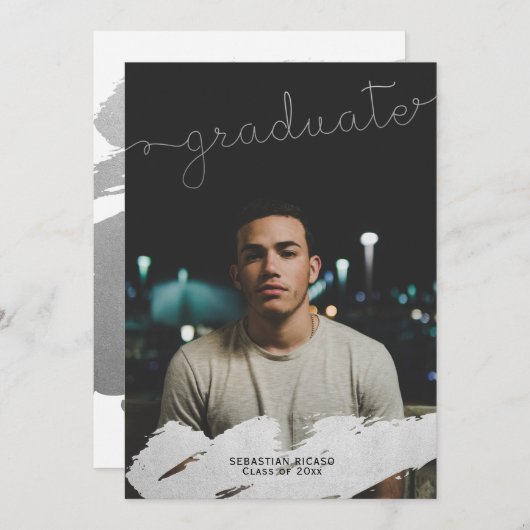 卒業フェイク銀モダンパーソナライズされた 案内状 (正面/裏面)