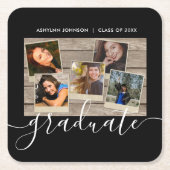 卒業フォトコラージュブラックおめでとうカスタムズ スクエアペーパーコースター (正面)