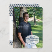 卒業フォトボックスとストライプ青 招待状 (正面/裏面)
