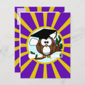 卒業フクロウパープルと金ゴールドスクールカラー 案内ポストカード (正面/裏面)