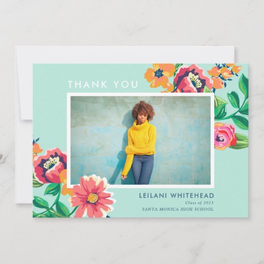 卒業フローラアクアブルー写真 サンキューカード (正面)