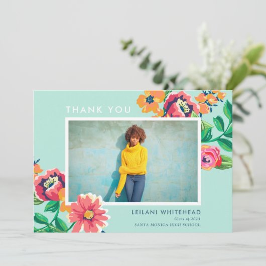卒業フローラアクアブルー写真 サンキューカード (スタンド正面)
