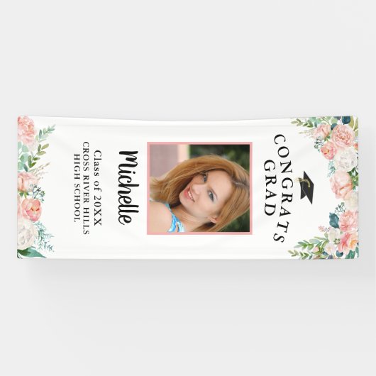 卒業フローラピンクローズ金ゴールドスクリプトフォトドア 横断幕 (横)