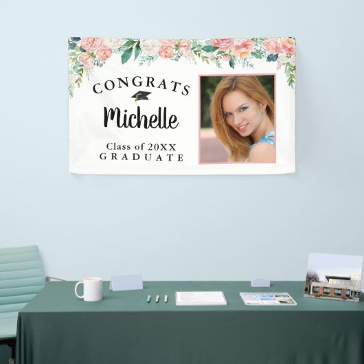 卒業フローラピンクローズ金ゴールドスクリプト写真 横断幕 (トレードショー)