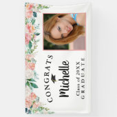 卒業フローラピンクローズ金ゴールドスクリプト写真 横断幕 (縦)