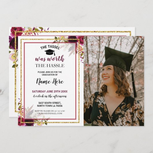 卒業フローラベリー素朴金ゴールド写真 招待状 (正面/裏面)