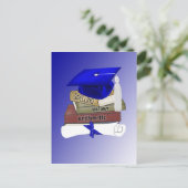 卒業ブックキャップと卒業証書ブルー 案内ポストカード (スタンド正面)