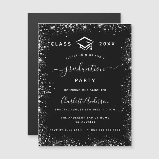 卒業ブラックシルバーグリッターラグジュアリー マグネット招待状 (正面/裏面)