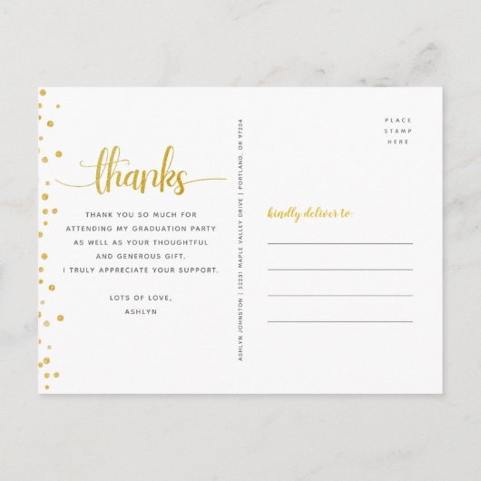 卒業ブラック金ゴールドグリッタースクリプ感謝していトユー ポストカード (裏面)