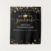 卒業ブラック金ゴールド星紙吹雪ライトスクリプト タペストリー (正面)