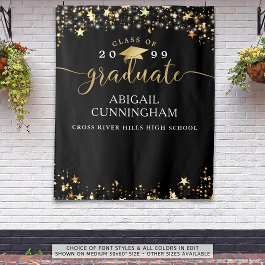 卒業ブラック金ゴールド星紙吹雪ライトスクリプト タペストリー