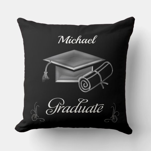 卒業ブラック&シルバー、キャップ&ディプロマ クッション (正面)