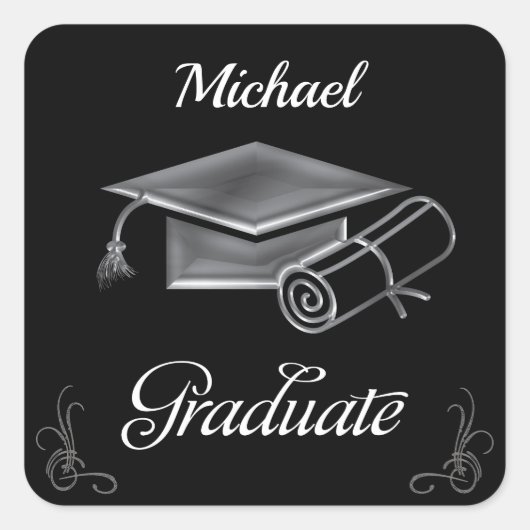 卒業ブラック&シルバー、キャップ&ディプロマ スクエアシール (正面)