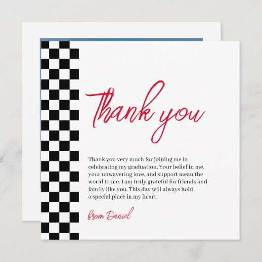卒業ブラック&ホワイト市松模様にサンキューカード サンキューカード (正面/裏面)