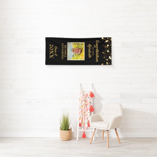 卒業ブラック&金ゴールドスターフォトドア 横断幕 (インサイチュ)