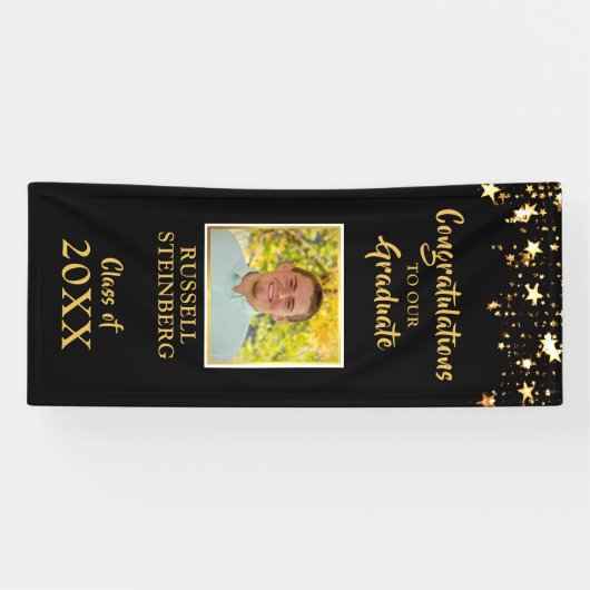 卒業ブラック&金ゴールドスターフォトドア 横断幕 (横)