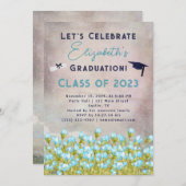 卒業ブルーウォーターカラーフラワーズお祝い 招待状 (正面/裏面)