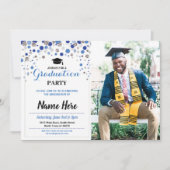 卒業ブルーシルバーパーティー水玉模様写真 招待状 (正面)