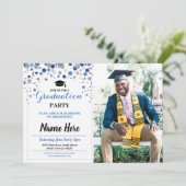 卒業ブルーシルバーパーティー水玉模様写真 招待状 (スタンド正面)