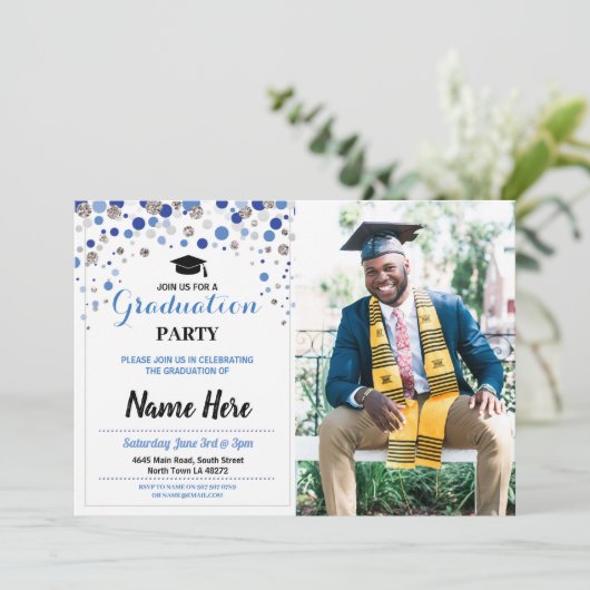 卒業ブルーシルバーパーティー水玉模様写真 招待状 (スタンド正面)