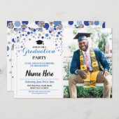 卒業ブルーシルバーパーティー水玉模様写真 招待状 (正面/裏面)