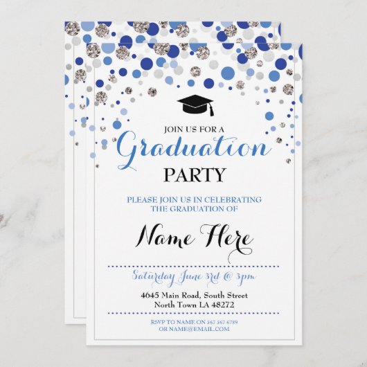 卒業ブルーシルバーパーティー水玉模様招待状 招待状 (正面/裏面)