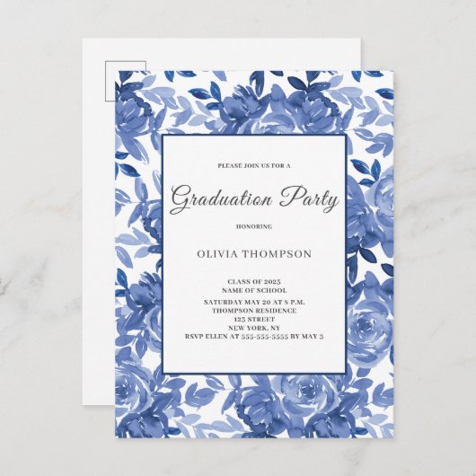 卒業ブルーフローラパーティー インビテーションポストカード (正面/裏面)