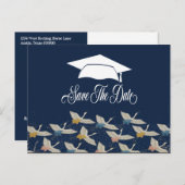 卒業ブルーヴィンテージクレーン日付の保存 案内ポストカード (正面/裏面)