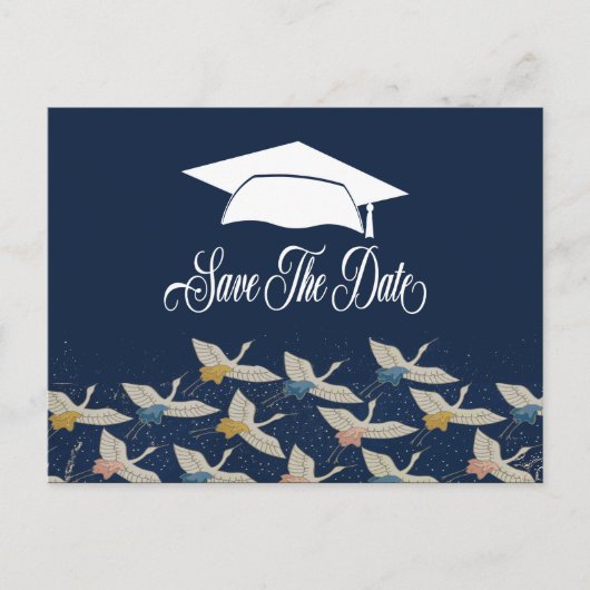 卒業ブルーヴィンテージクレーン日付の保存 案内ポストカード (正面)