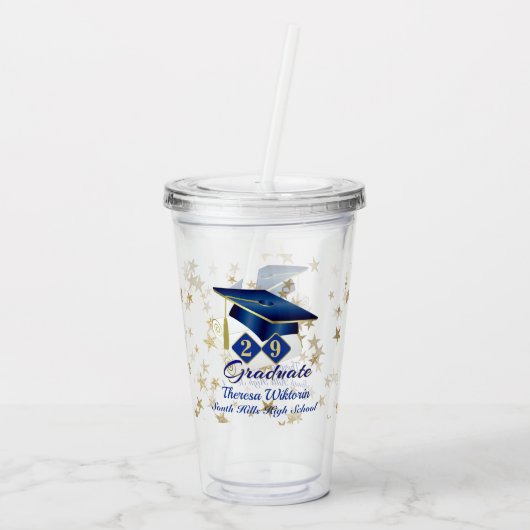 卒業ブルー金ゴールドスターパーソナライズされた アクリルタンブラー (裏面)
