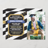 卒業ブルー金ゴールドフォトストライプグリッター招待状 招待状 (正面/裏面)