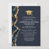 卒業ブルー金ゴールド瑪瑙の卒業写真 招待状 (正面)