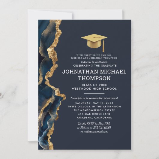 卒業ブルー金ゴールド瑪瑙の卒業写真 招待状 (正面)