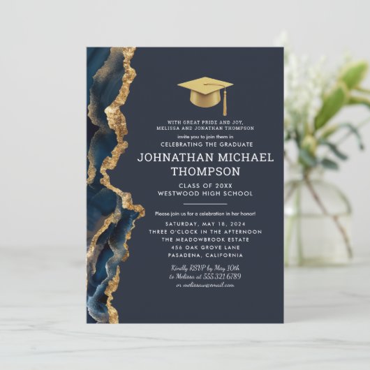 卒業ブルー金ゴールド瑪瑙の卒業写真 招待状 (スタンド正面)
