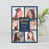 卒業ブルー6フォトコラージュ金ゴールドホワイトスクリプト 案内状 (スタンド正面)