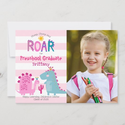 卒業プリスクール写真恐竜の少女かわいいおもしろい 案内状 (正面)