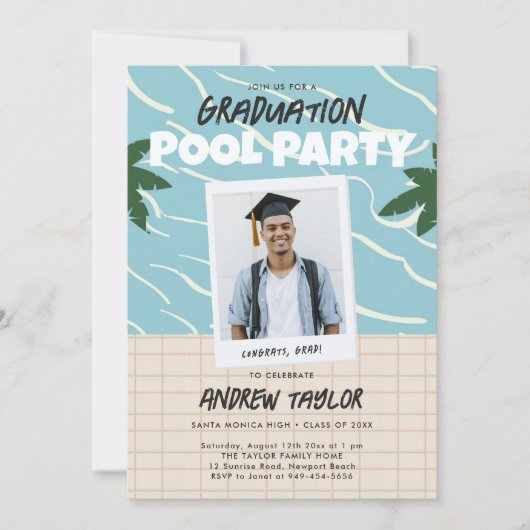 卒業プールパーティーヴィンテージ夏エレガント写真 招待状 (正面)