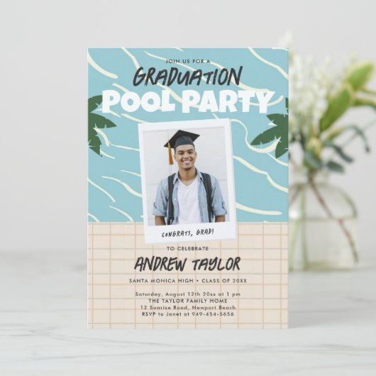 卒業プールパーティーヴィンテージ夏エレガント写真 招待状 (スタンド正面)