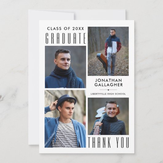 卒業ミニマルお洒落後5枚の写真ブラック サンキューカード (正面)
