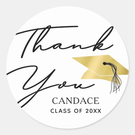 卒業ミニマルなスクリプト金ゴールドキャップありがとう ラウンドシール (正面)