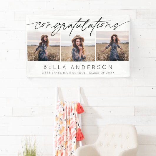 卒業モダンスクリプトおめでとう3写真 横断幕 (インサイチュ)