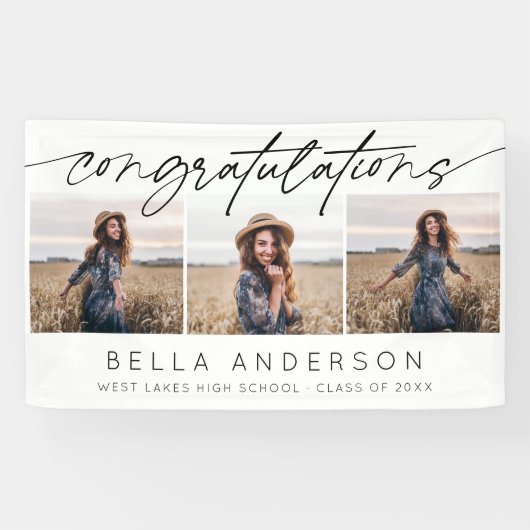 卒業モダンスクリプトおめでとう3写真 横断幕 (横)