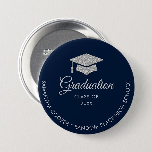 卒業モダンタイポグラフィネイビーブルースクリプト 缶バッジ (正面&裏面)