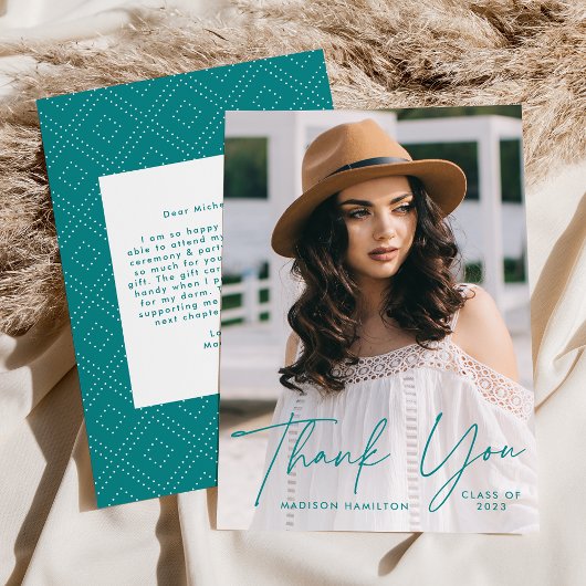 卒業モダンティール（緑がかった色）台本写真卒業 サンキューカード